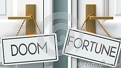 Doom and fortune as a choice - pictured as words Doom, fortune on doors to show that Doom and fortune are opposite options while Cartoon Illustration