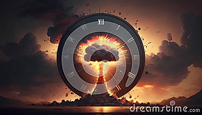 Doomsday Clock, nuclear war. Countdown to midnight, atomic bomb explosion. Apocalypse. Generative AI Cartoon Illustration