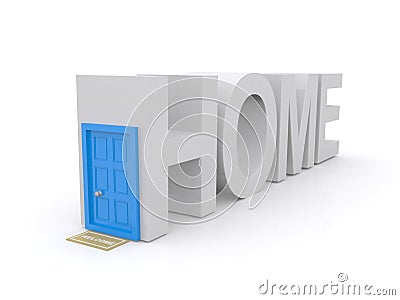 Door in 3d home sign Cartoon Illustration