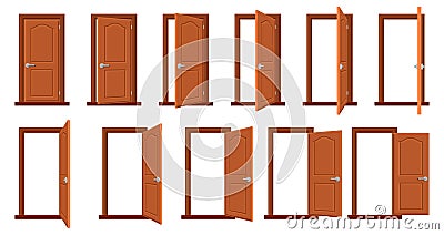 Door animation. Opened and closed wooden doors, sprite animation house entrance. Wood door in different position Vector Illustration