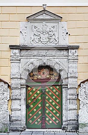 Door of the Brotherhood of Blackheads in Tallinn Stock Photo