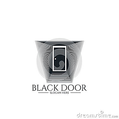 door gate logo for home entrance. minimal wood black house doorway or real estate business. architecture or urban city skyline. Vector Illustration