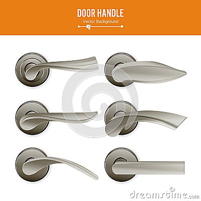 Door Handle Vector. Set Realistic Classic Element On White Background. Metal Dark Door Handle Lock. Stock Vector Illustration