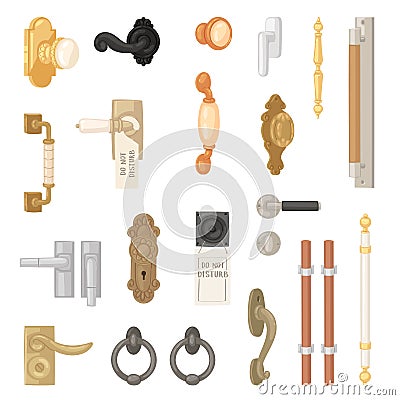 Door handle vector vintage doorknob to lock doors at home and retro metal door-handle in house interior illustration set Vector Illustration