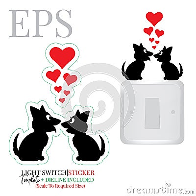 Dogs silhouettes in love, Light switch sticker, vector. Dogs couple illustration with red hearts isolated on white background Vector Illustration