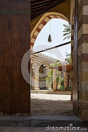 Door of historic Mamluk era Amir Aqsunqur Mosque, Blue Mosque, reveling courtyard, Cairo, Egypt Stock Photo