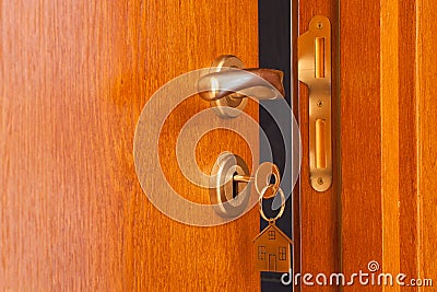 Door with inserted key in the keyhole and house icon on it Stock Photo