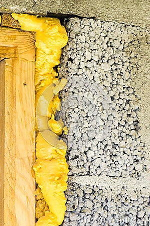 Door with insulation foam Stock Photo