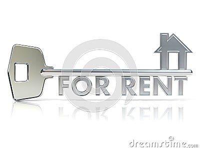 Door key FOR RENT sign. 3D render Cartoon Illustration