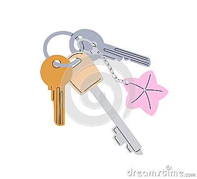 Door keys bunch hanging on keyring, keyholder. Keychain, ring with star trinket, pendant, home apartment, room and Vector Illustration