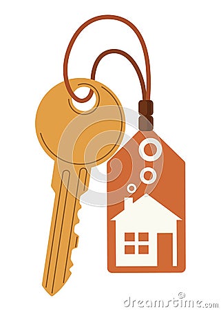 Door keys keyfob. Ring with trinket, keychains plastic tag hanging on keyring. House, apartment or room locking Vector Illustration