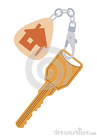 Door keys keyfob. Ring with trinket, keychains plastic tag hanging on keyring. House, apartment or room locking Vector Illustration