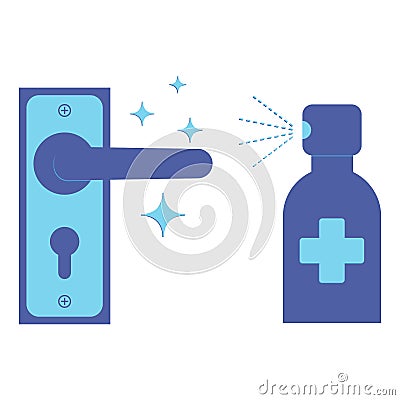 Door knob disinfection. Use a spray antiseptic to prevent the spread of disease. Door handles and antibacterial spray. Disinfect Cartoon Illustration