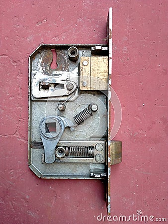 door lock mechanism. Door lock replacement. Broken door lock. Conventional mortise lock for door Stock Photo