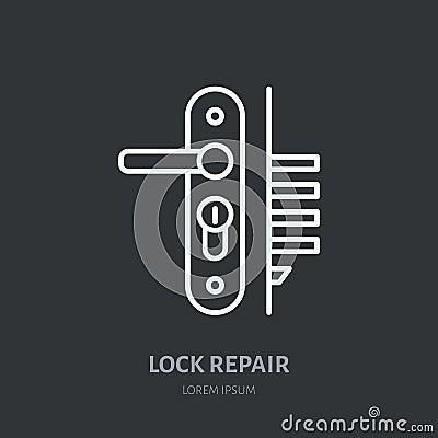 Door locks, handle installation logo, repair flat line icon. Lock cylinder replacement, core fixing thin linear sign for Vector Illustration