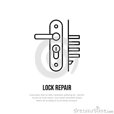 Door locks, handle installation logo, repair flat line icon. Lock cylinder replacement, core fixing thin linear sign for Vector Illustration