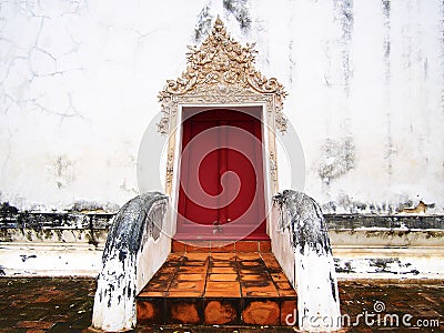 The door of the old temple at Wat-chom-phu-wek Thailand. Stock Photo