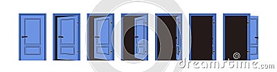 Door opening and closing set, stages sequence for animation. Doorway, entrance with doorknob locked, unlocked, ajar Vector Illustration