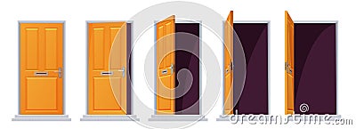 Door opening sequence, animation set, different positions of open, ajar and closed doors Vector Illustration