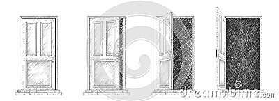 Door opening sequence, set of line sketches, half open and closed doors of office or home Vector Illustration