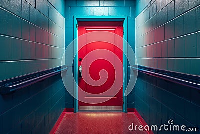 A door painted a bright color in a dull hallway symbolizing the opportunity and optimism leadership brings Stock Photo