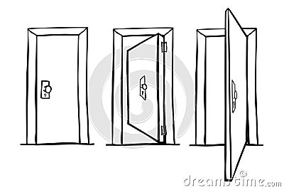door set 3 vector simple hand draw sketch, close open Vector Illustration