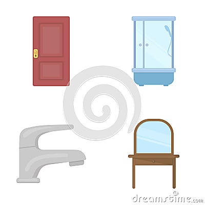 Door, shower cubicle, mirror with drawers, faucet.Furniture set collection icons in cartoon style vector symbol stock Vector Illustration