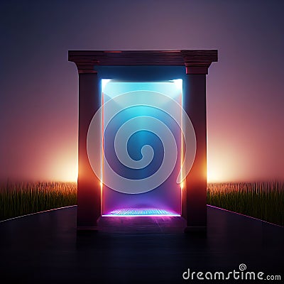 Door to another dimension. Glowing doorway in a field. Luminous portal. Digital illustration. AI-generated Cartoon Illustration