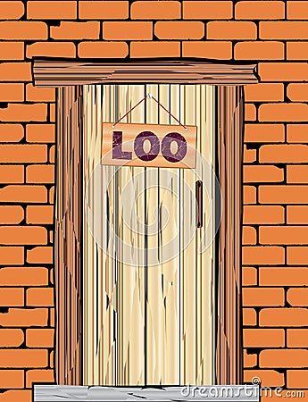 Outside Old Wooden Loo Door With Damaged Brickwork Vector Illustration