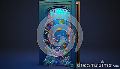 door with underwater scene, digital art illustration, Generative AI Cartoon Illustration