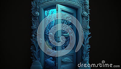 door with underwater scene, digital art illustration, Generative AI Cartoon Illustration