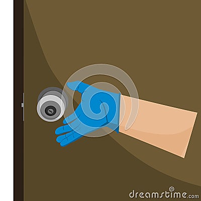 Doorknob and right hand wear blue gloves. Vector Illustration