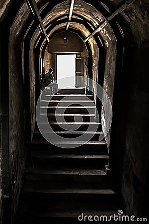 Old Stone Stairs & Wall to Exit of Tunnel Editorial Stock Photo