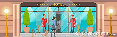 Doormen in red uniform next to door inviting female guest. Main front entrance to luxury hotel Vector Illustration