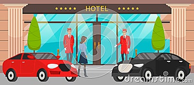 Main front entrance to luxury hotel with premium cars, doormen in red uniform and female visitor Vector Illustration