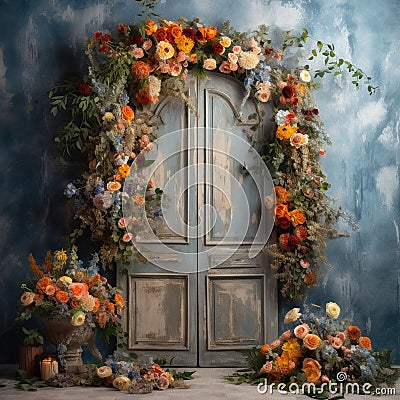 Doors Backdrops, Photoshop Overlays, Flowers arch Backdrop Overlays, Photography Background, Studio Backdrops Stock Photo