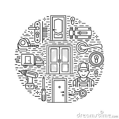 Doors installation, repair banner illustration. Vector line icons of various door types, handle, latch, lock, hinges Vector Illustration