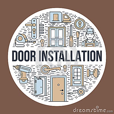 Doors installation, repair banner illustration. Vector line icons of various door types, handle, latch, lock, hinges Vector Illustration