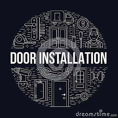 Doors installation, repair banner illustration. Vector line icons of various door types, handle, latch, lock, hinges Vector Illustration