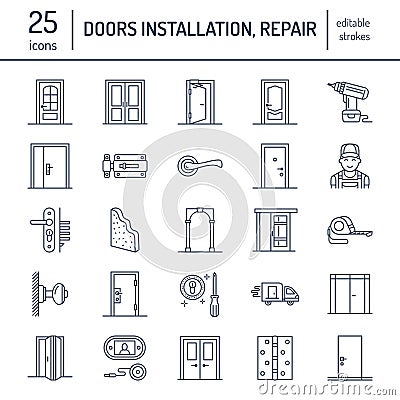 Doors installation, repair line icons. Various door types, handle, latch, lock, hinges. Interior design thin linear Vector Illustration