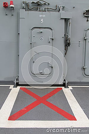 Doors lift in the boat in thai battleship. Stock Photo