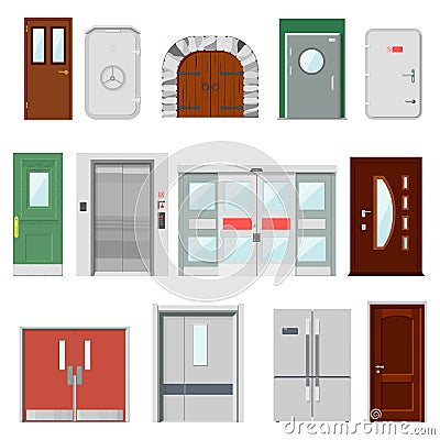 Doors vector doorway front entrance lift entry or elevator indoor house interior illustration set building doorpost Vector Illustration