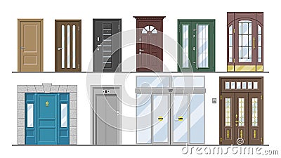 Doors vector doorway front entrance lift entry or elevator indoor house interior illustration set exterior building Vector Illustration