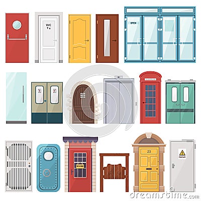 Doors vector front entrance doorway set to house and set of building in flat style doorstep illustration isolated on Vector Illustration