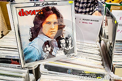The Doors vinyl album on display for sale, Vinyl, LP, Album, Rock, American rock band, collection of Vinyls Editorial Stock Photo
