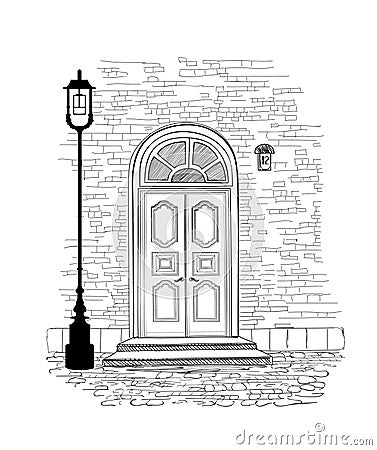 Doorway background. House door entrance hand drawing illustrati Cartoon Illustration