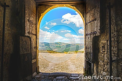 Doorway landscape gate panorama castle exit door fantasy world door imagination adventures Stock Photo