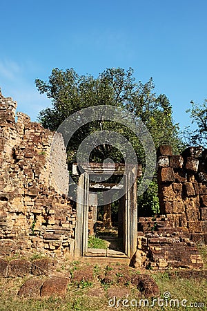 Doorway. The ruins of an old building. Abandoned stone buildings. Landscape Stock Photo