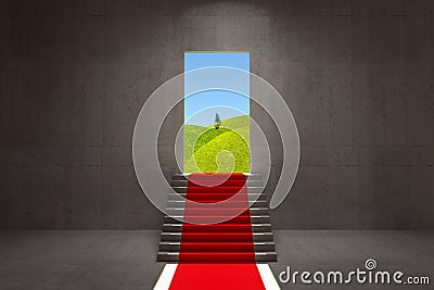 Doorway to nature. Red carpet stairway from concrete room interior to ecologycal nature Stock Photo