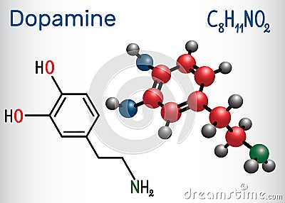 Dopamine DA molecule. Structural chemical formula and molecul Vector Illustration